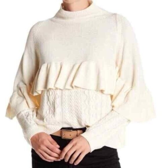 Project Naadam Womens Medium Sweater Ruffle Mock Neck Cream Cable Knit - Picture 3 of 12
